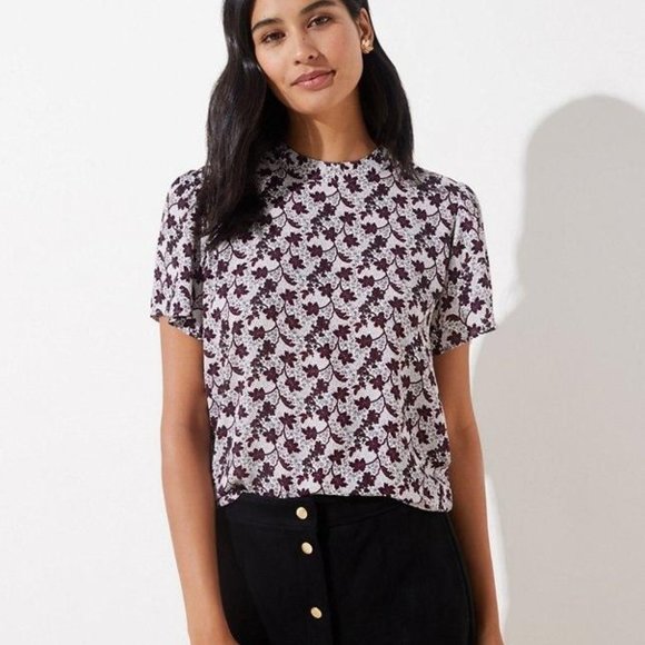LOFT Floral Print Women's Top - Black and White Purple - Picture 1 of 8